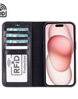 iPhone 15 case in leather with RFID, black, inside