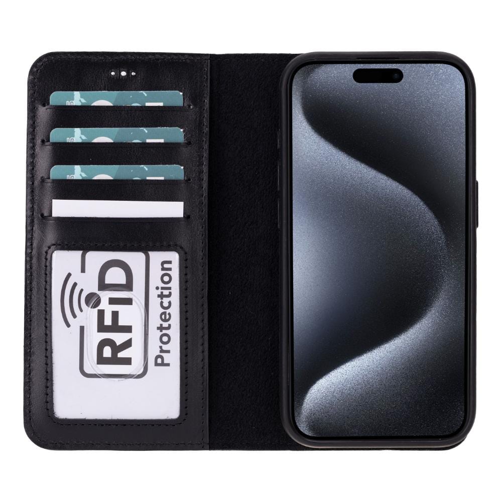 iPhone 15 Pro case in leather with RFID, black, inside