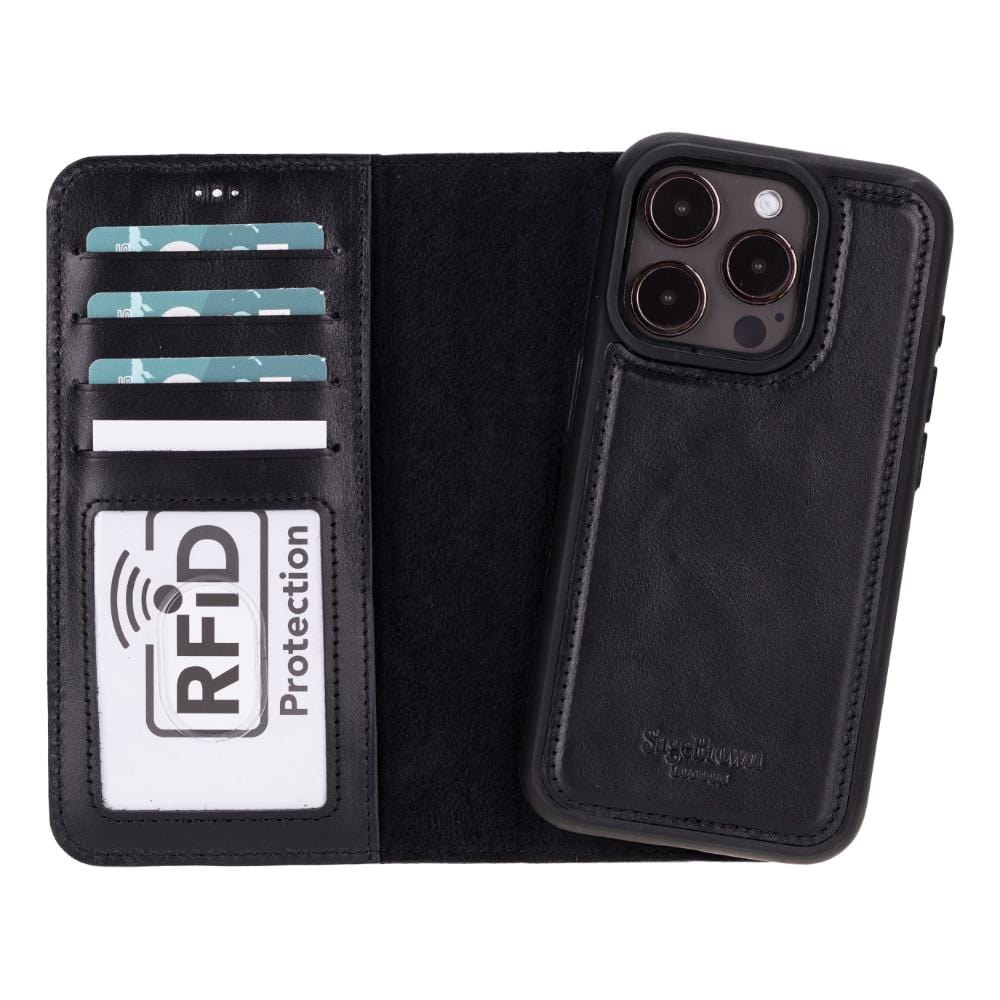 iPhone 15 Pro case in leather with RFID, black, detachable cradle