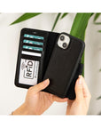 iPhone 15 Pro Max case in leather with RFID, black, lifestyle