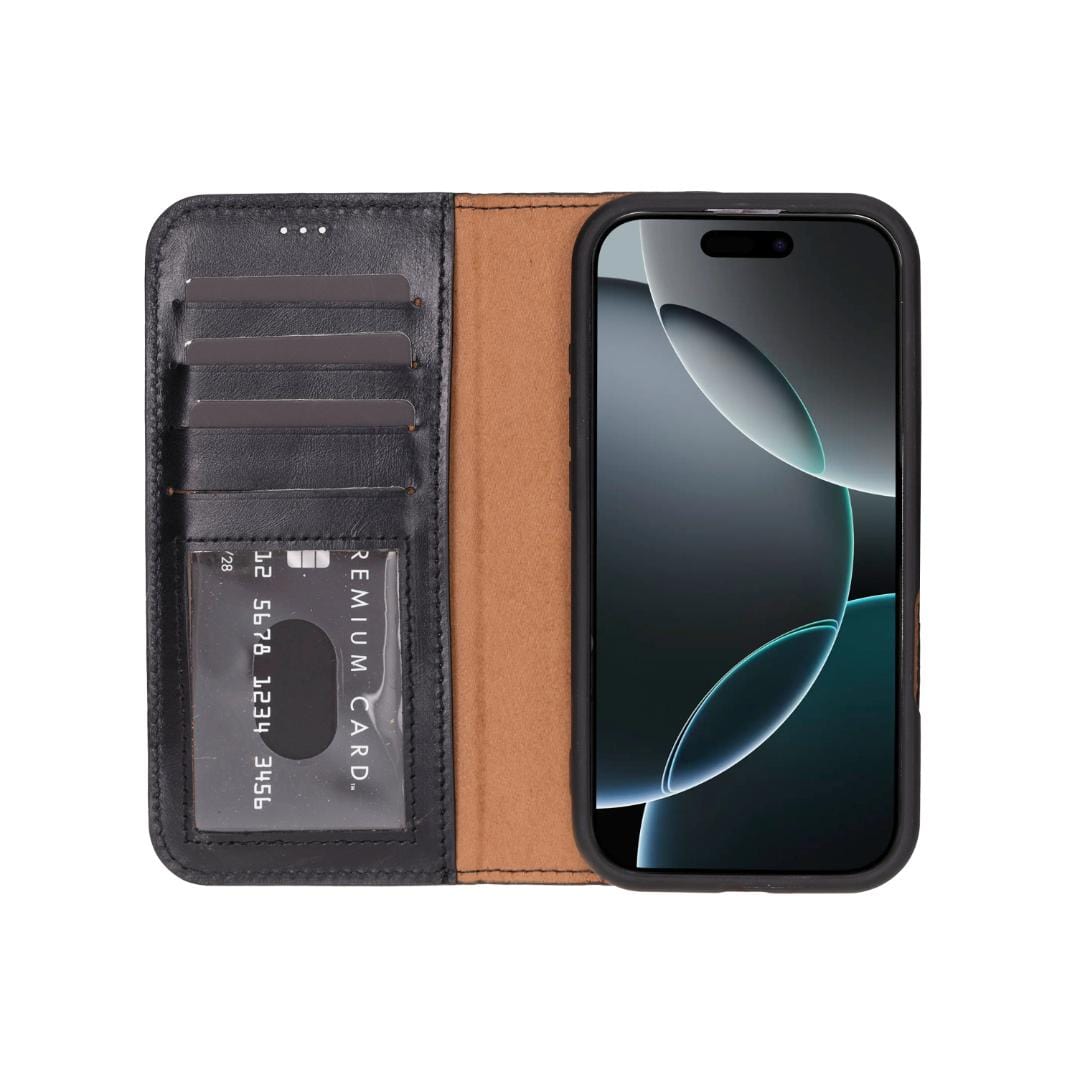 iPhone 16 Pro case in leather with RFID, black, open