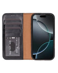 iPhone 16 Pro case in leather with RFID, black, open