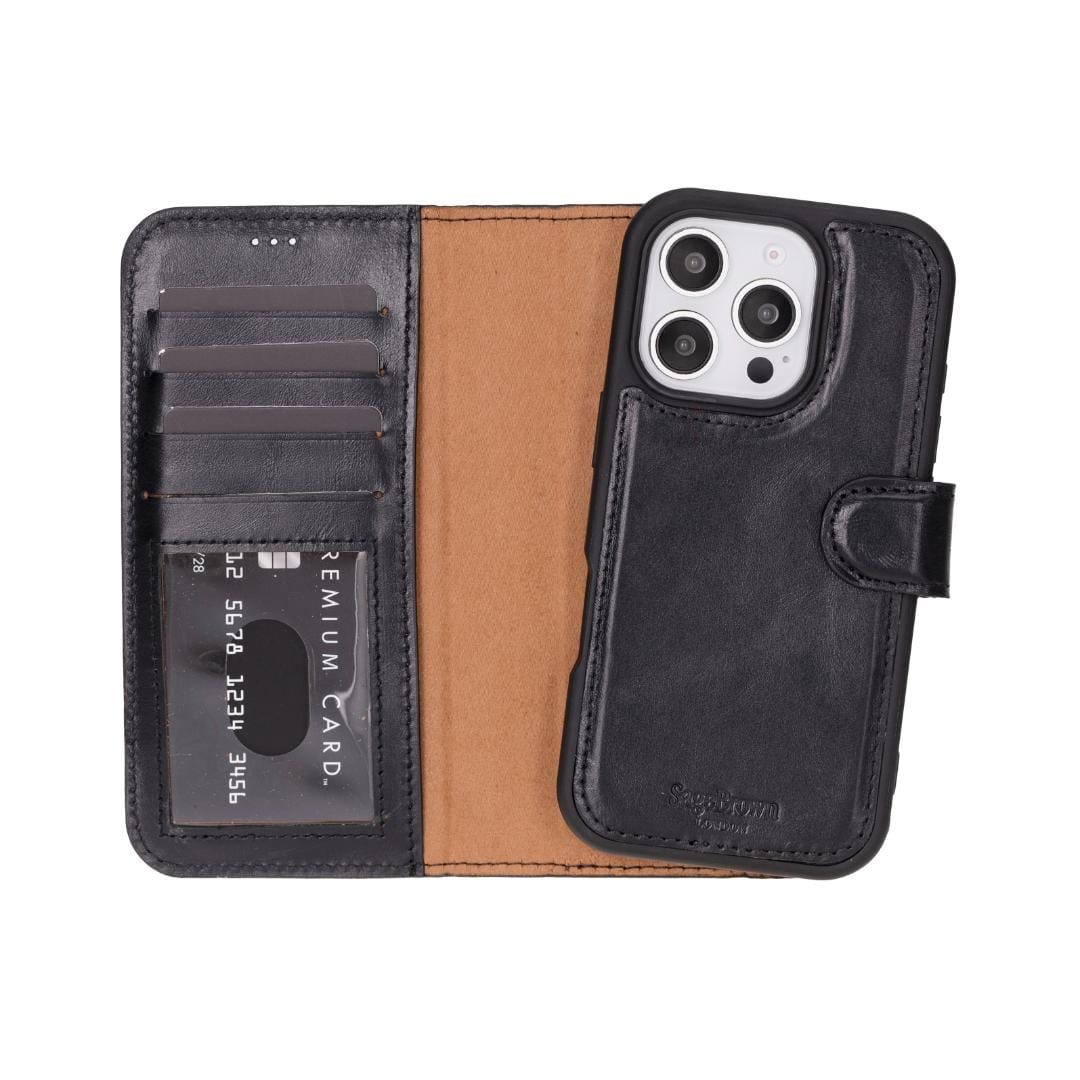 iPhone 16 Pro case in leather with RFID, black, with detachable phone cradle