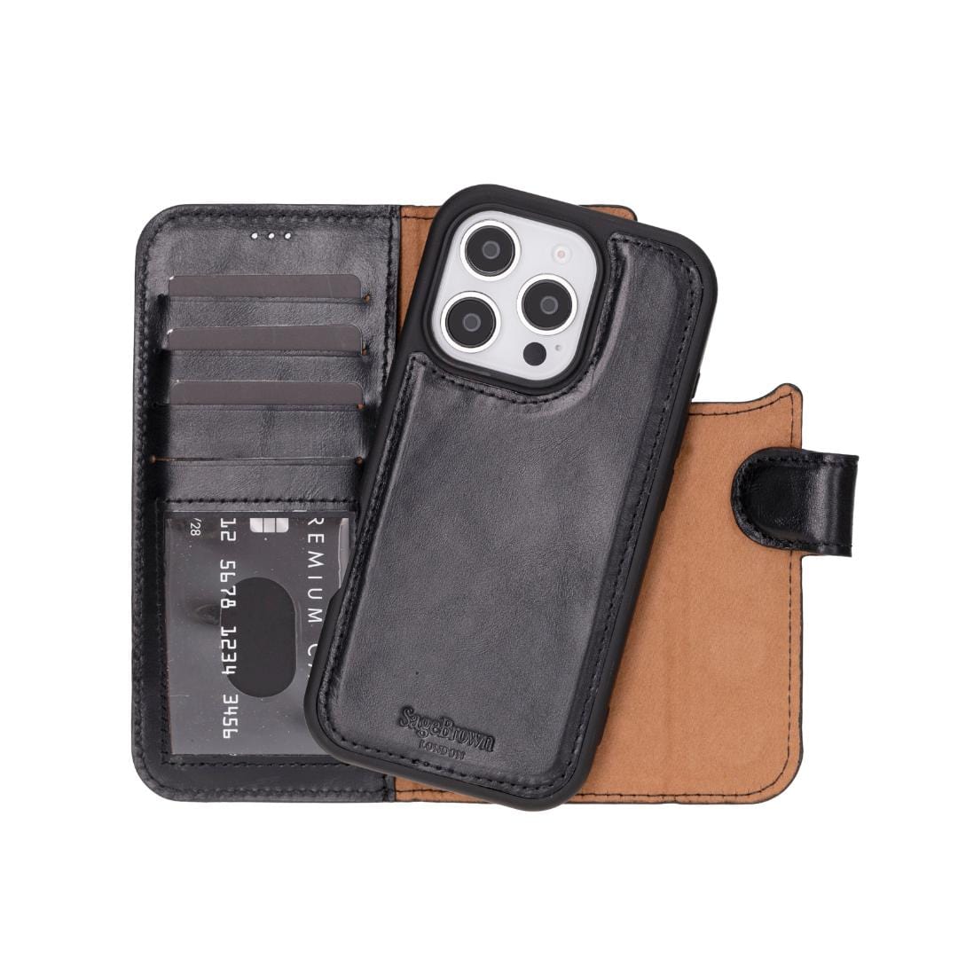 iPhone 16 Pro case in leather with RFID, black, detachable phone cradle