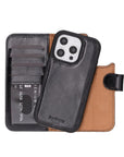 iPhone 16 Pro case in leather with RFID, black, detachable phone cradle