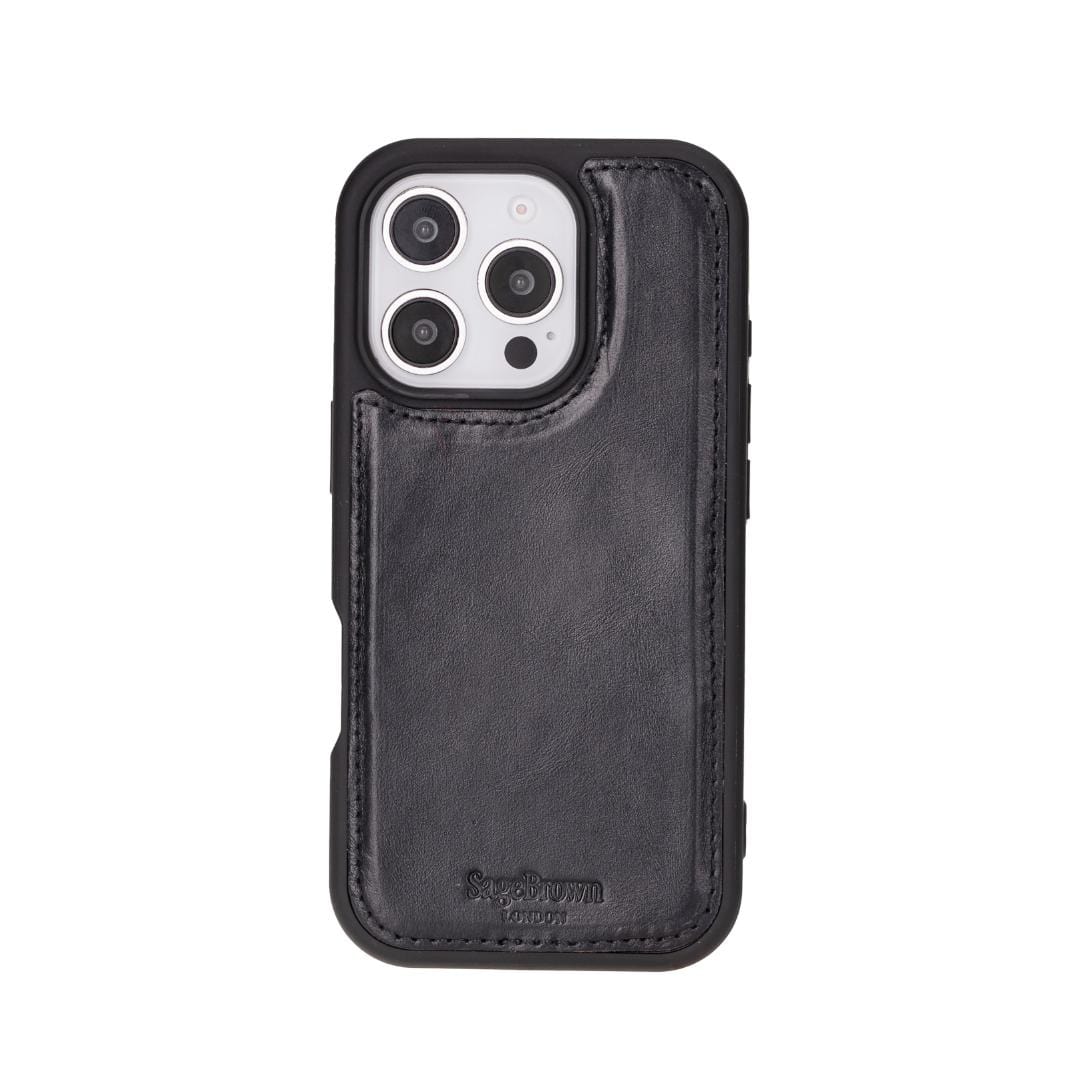 iPhone 16 Pro case in leather with RFID, black, reverse view