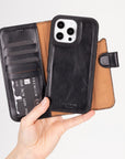 iPhone 16 Pro case in leather with RFID, black, lifestyle