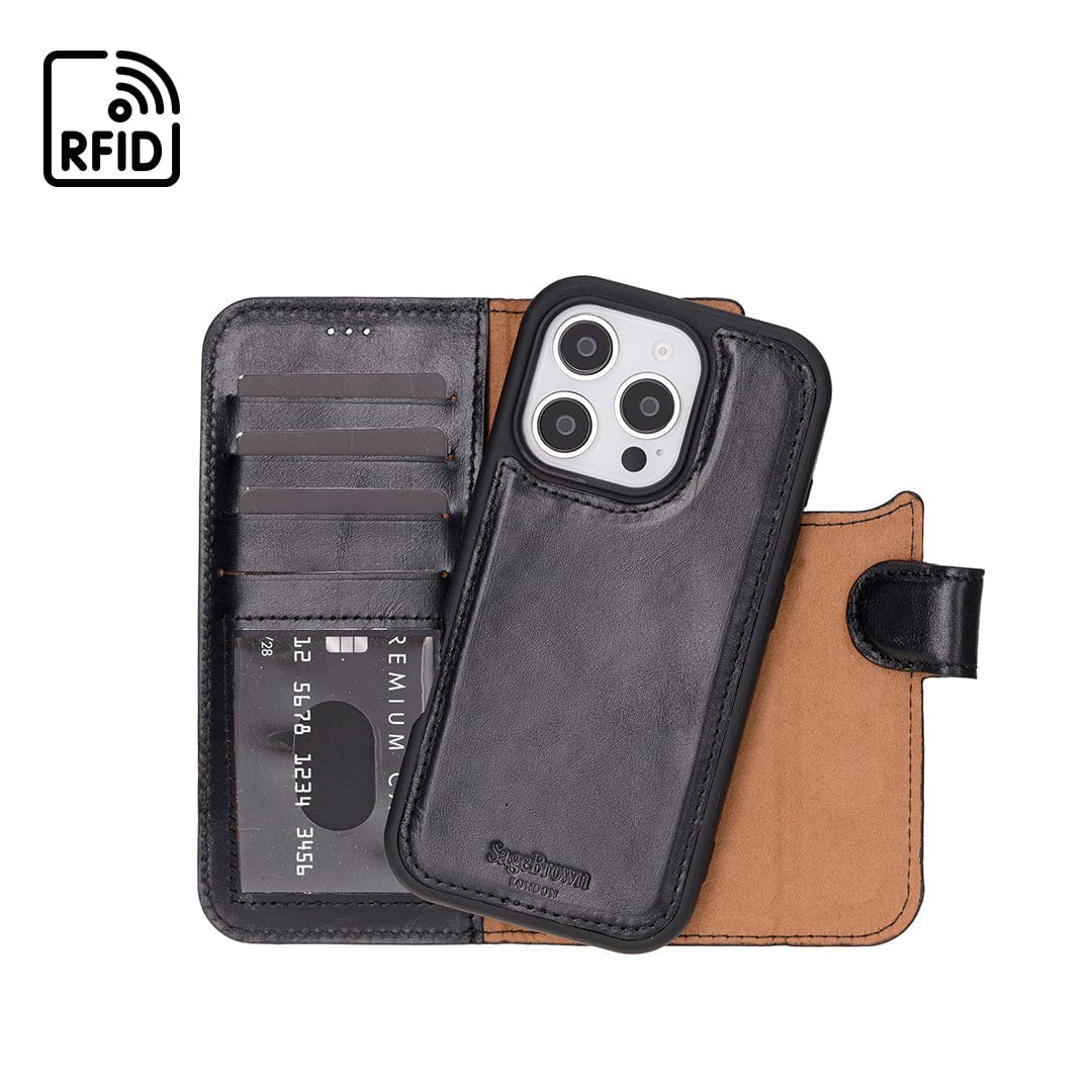 iPhone 16 Pro case in leather with RFID, black, inside