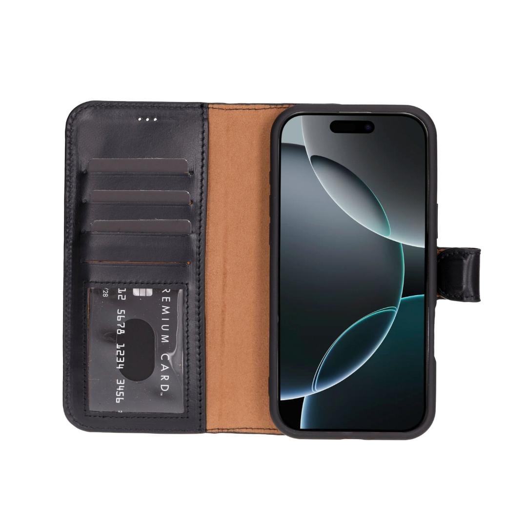 iPhone 16 Pro Max case in leather with RFID, black, open