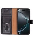 iPhone 16 Pro Max case in leather with RFID, black, open