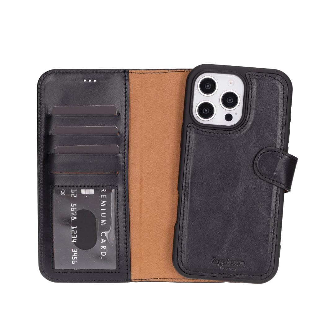 iPhone 16 Pro Max case in leather with RFID, black, with detachable phone cradle