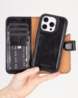 iPhone 16 Pro Max case in leather with RFID, black, lifestyle