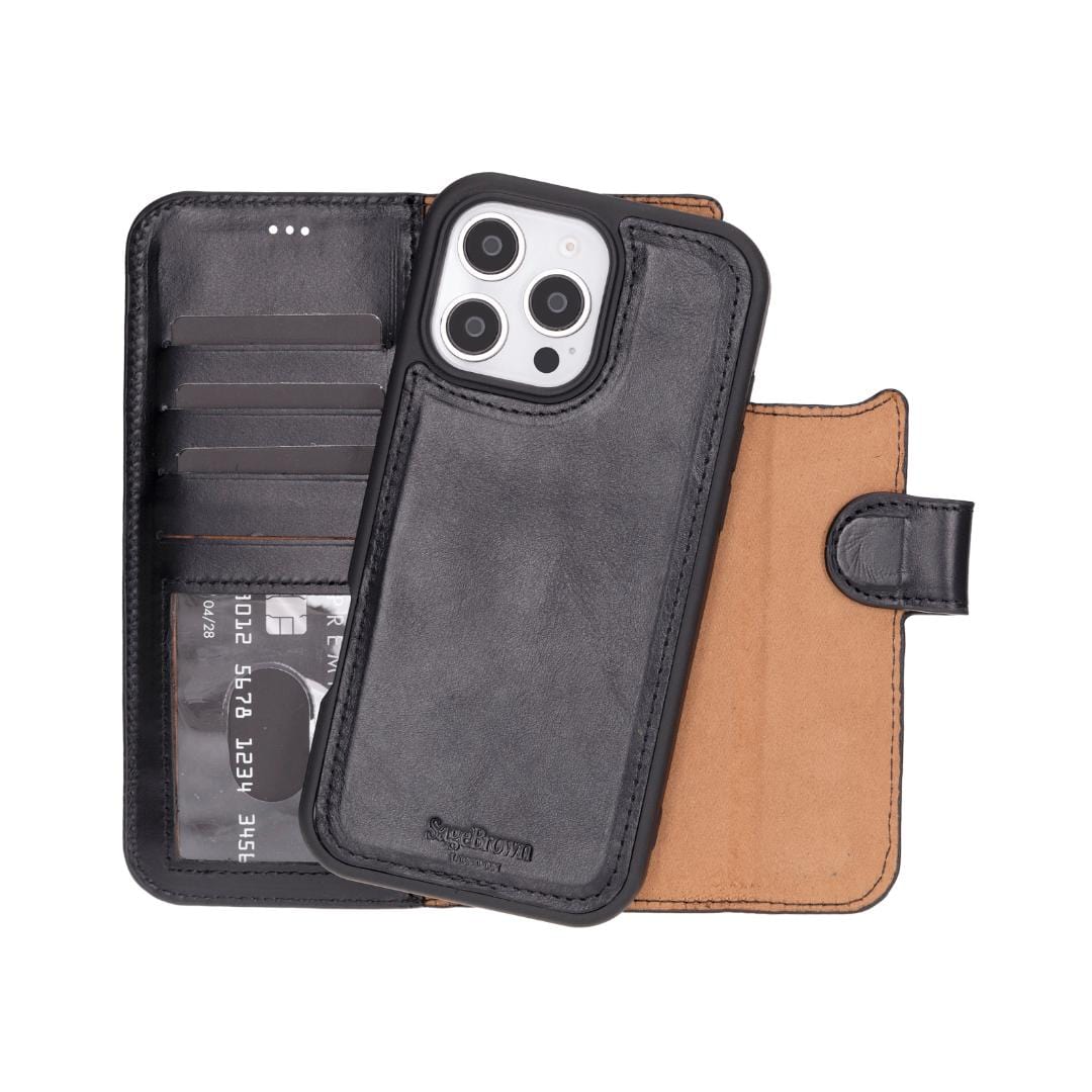 iPhone 16 Pro Max case in leather with RFID, black, detachable phone cradle