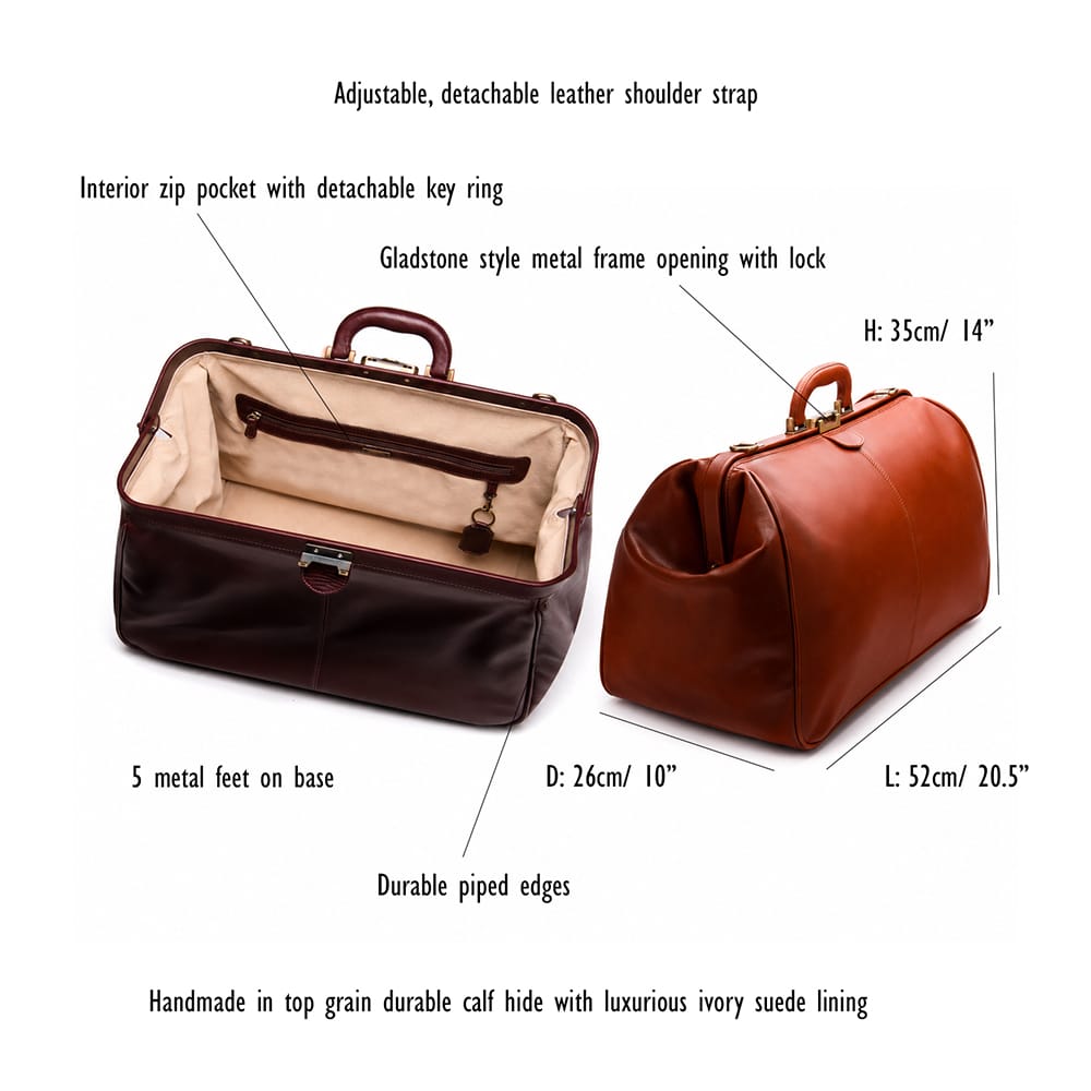 Large leather Gladstone holdall, features and dimensions