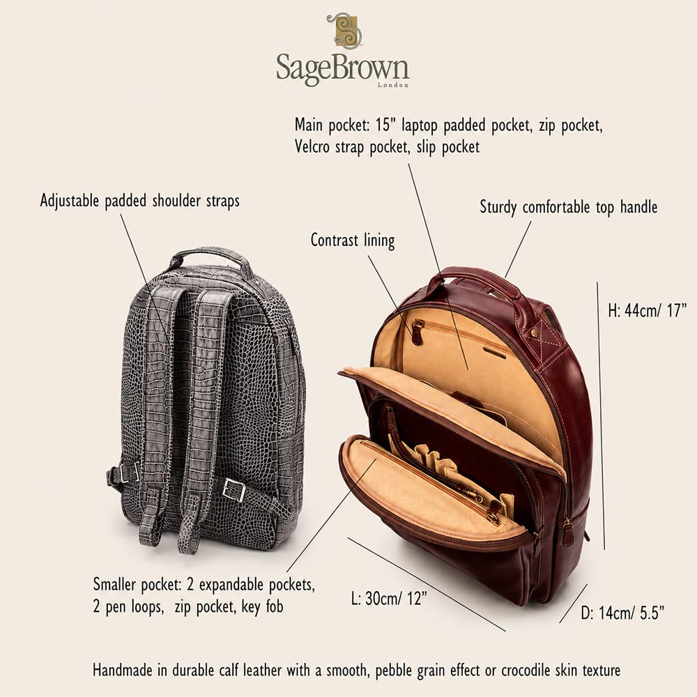 Leather 15"-17" Laptop Backpack, Cambridge, features and dimensions