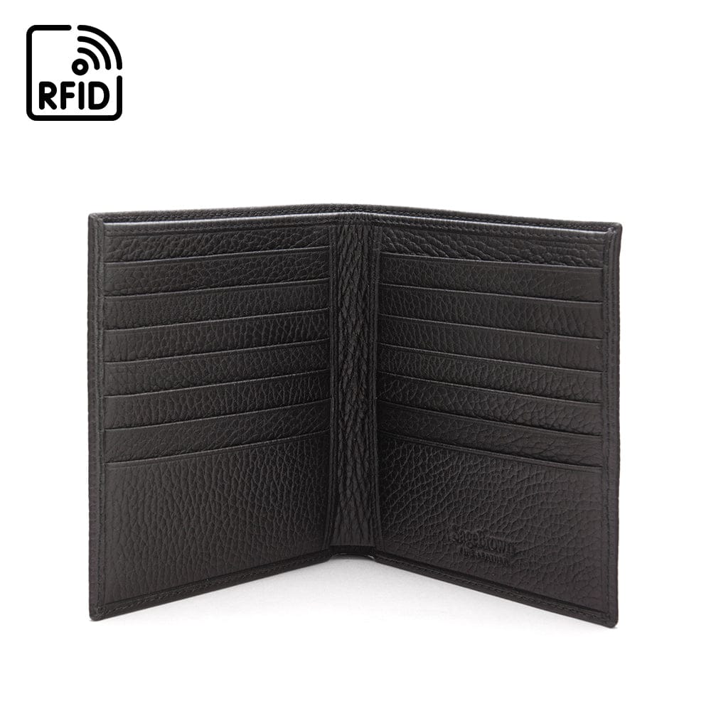 3/4 height leather RFID wallet 14 CC, black, open