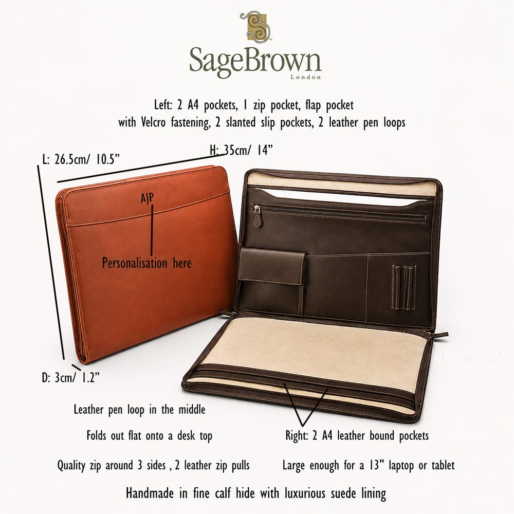 Luxury Leather Zip Around A4 Folder, features and dimensions