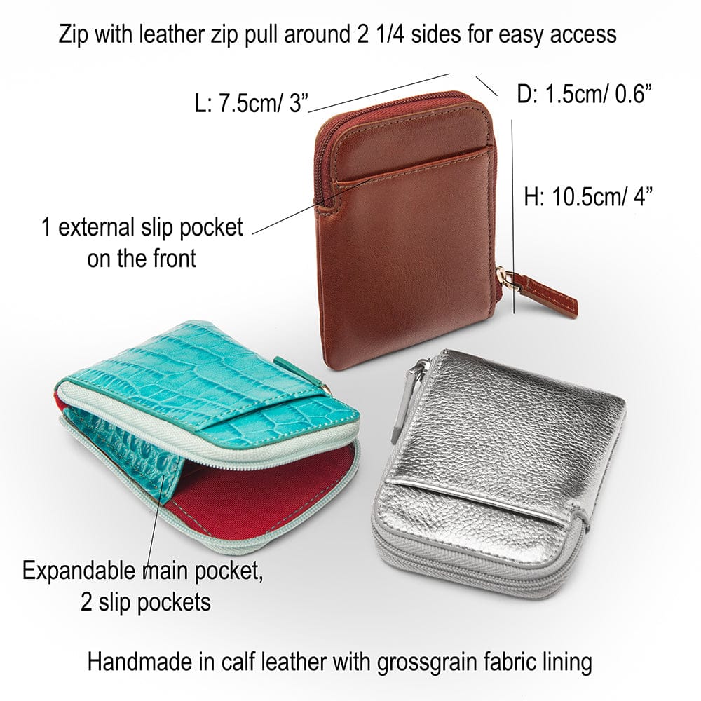 Leather card case with zip, features and dimensions