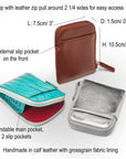 Leather card case with zip, features and dimensions