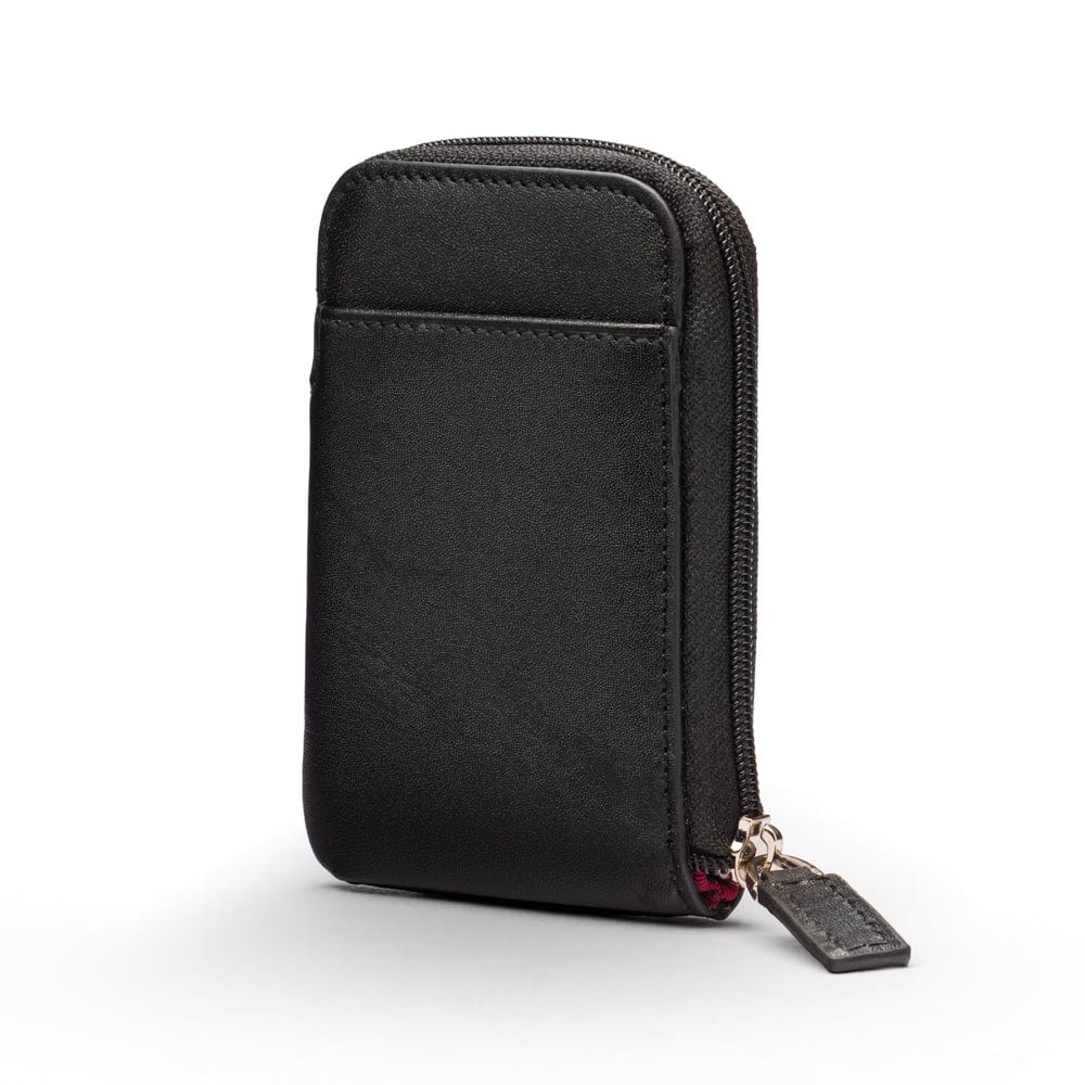 Leather card case with zip, black, front view