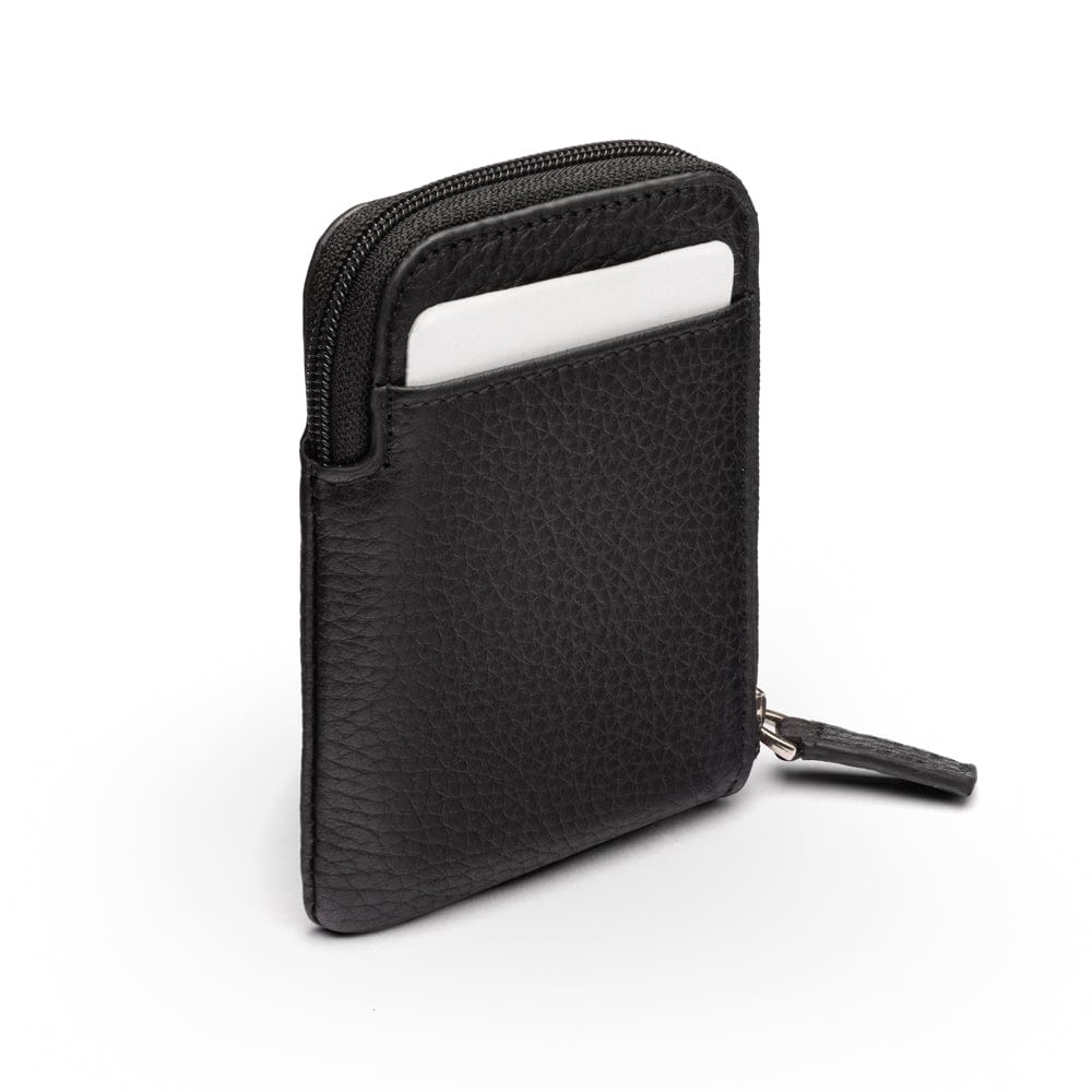 Leather card case with zip, black pebble grain, back