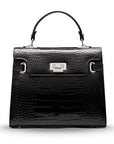 Leather Catherine top handle bag, black patent croc, front