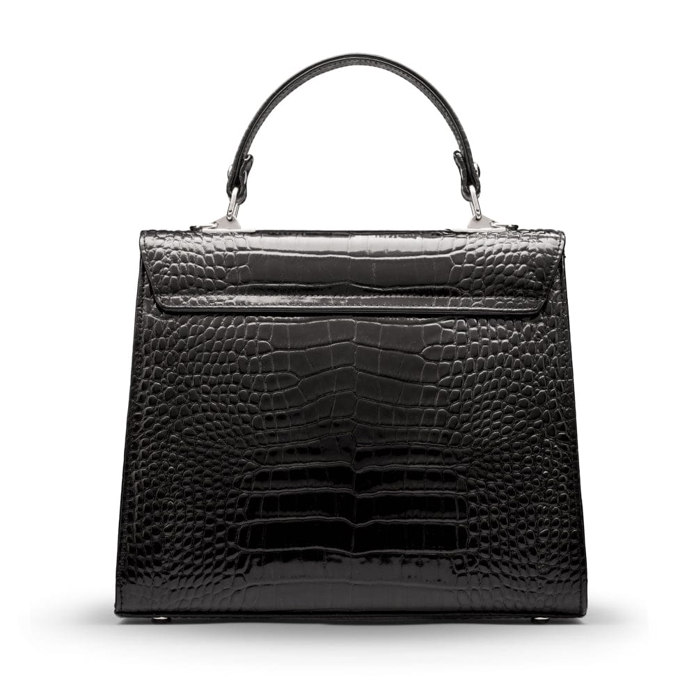 Leather Catherine top handle bag, black patent croc, back