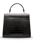 Leather Catherine top handle bag, black patent croc, back