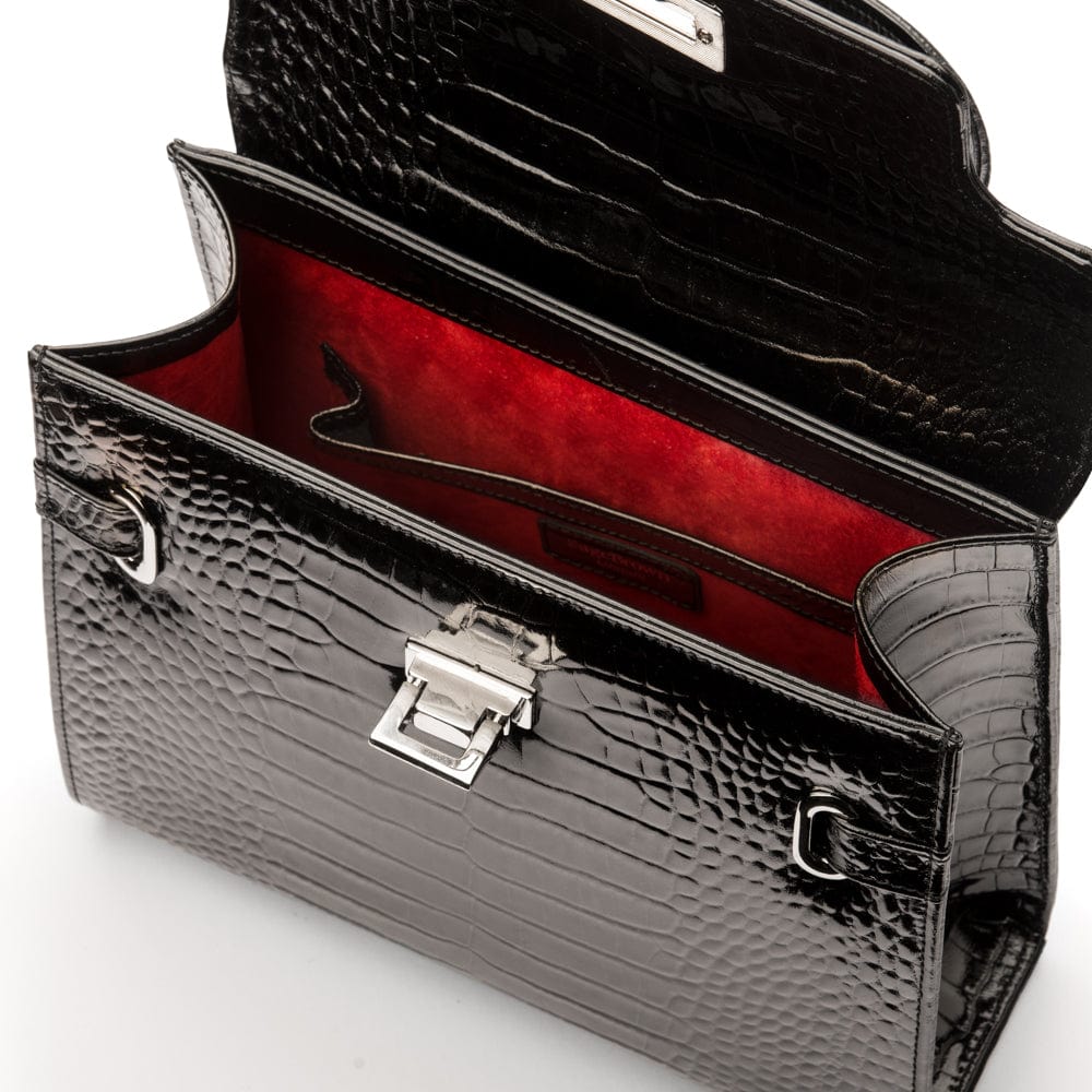 Leather Catherine top handle bag, black patent croc, inside