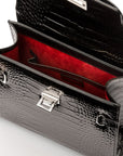 Leather Catherine top handle bag, black patent croc, inside