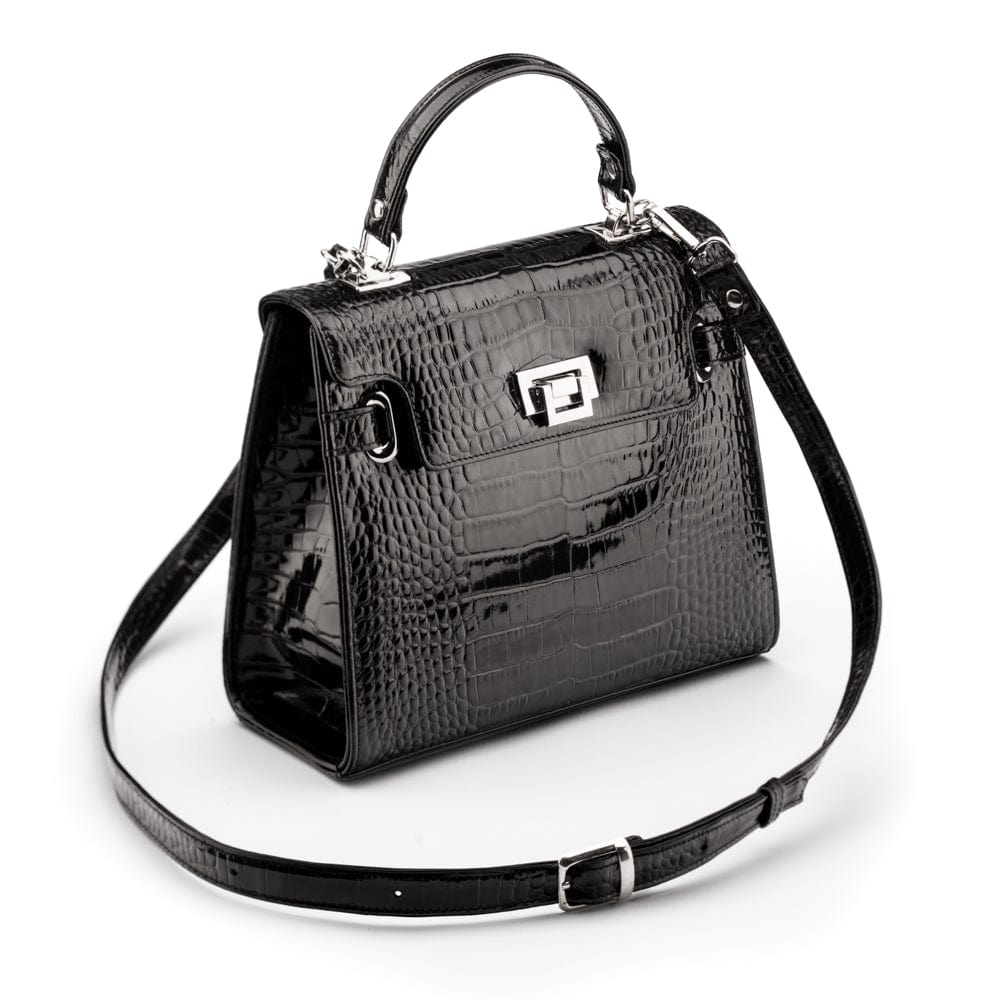 Leather Catherine top handle bag, black patent croc, with shoulder strap