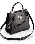 Leather Catherine top handle bag, black patent croc, with shoulder strap