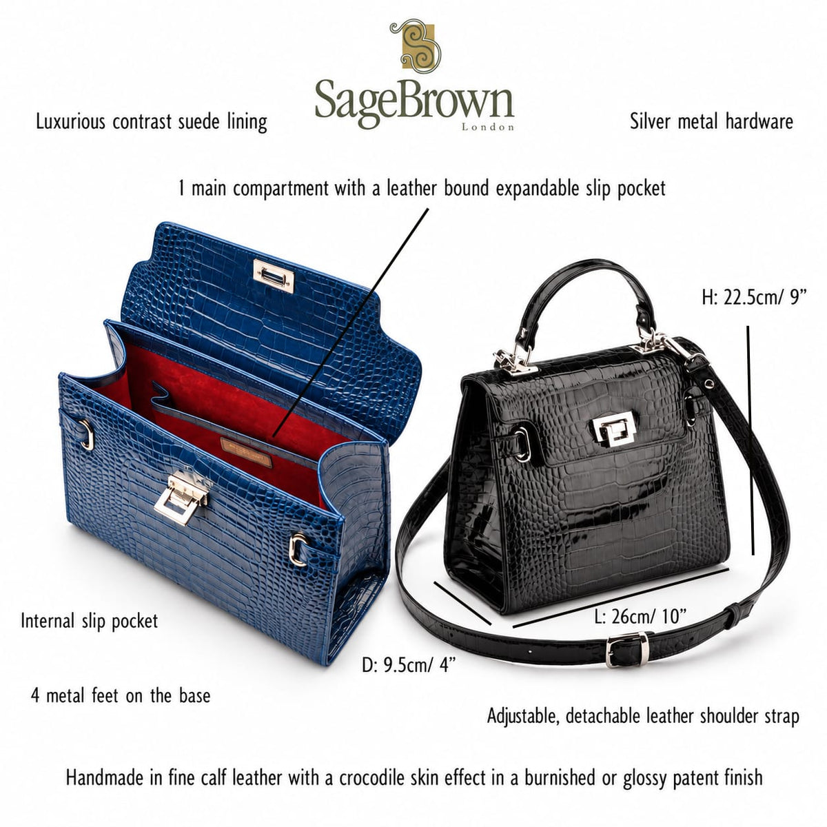 Leather Catherine top handle bag, features and dimensions