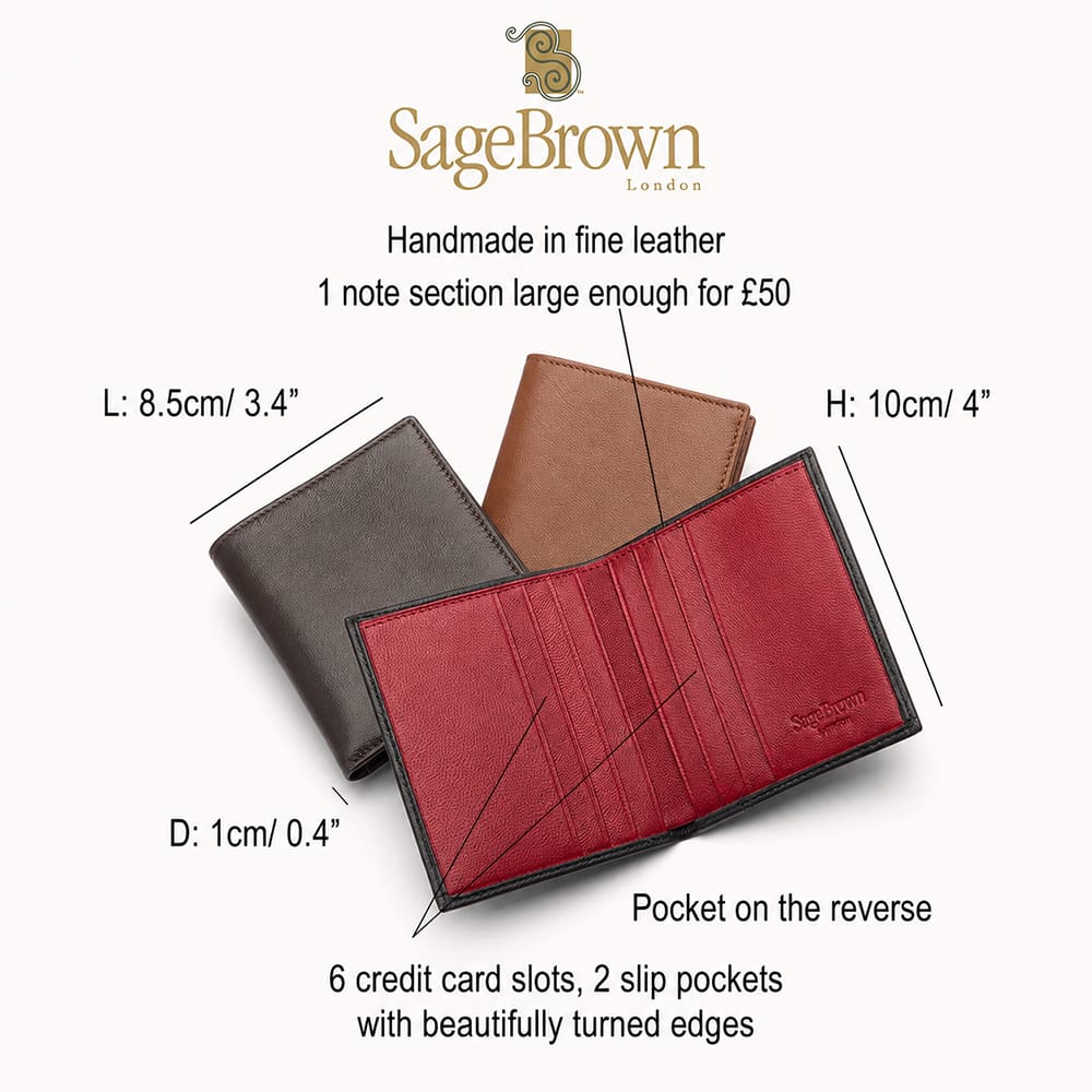 Leather Compact Billfold Wallet 6 Card Slots, features and dimensions