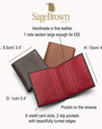 Leather Compact Billfold Wallet 6 Card Slots, features and dimensions
