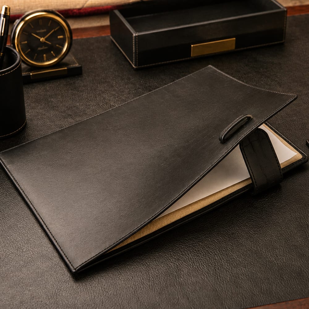 Leather document folder, black, lifestyle