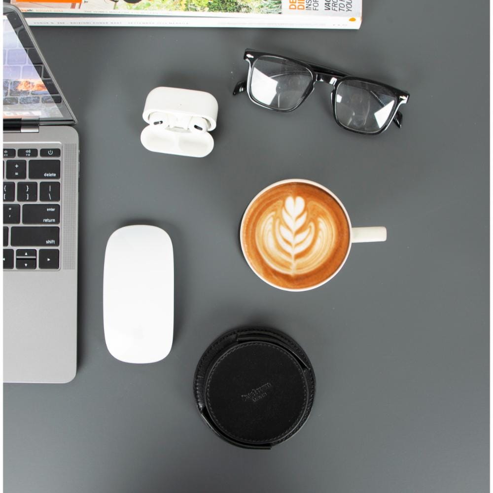 Leather drink coasters, set of 6, black, lifestyle, aerial view