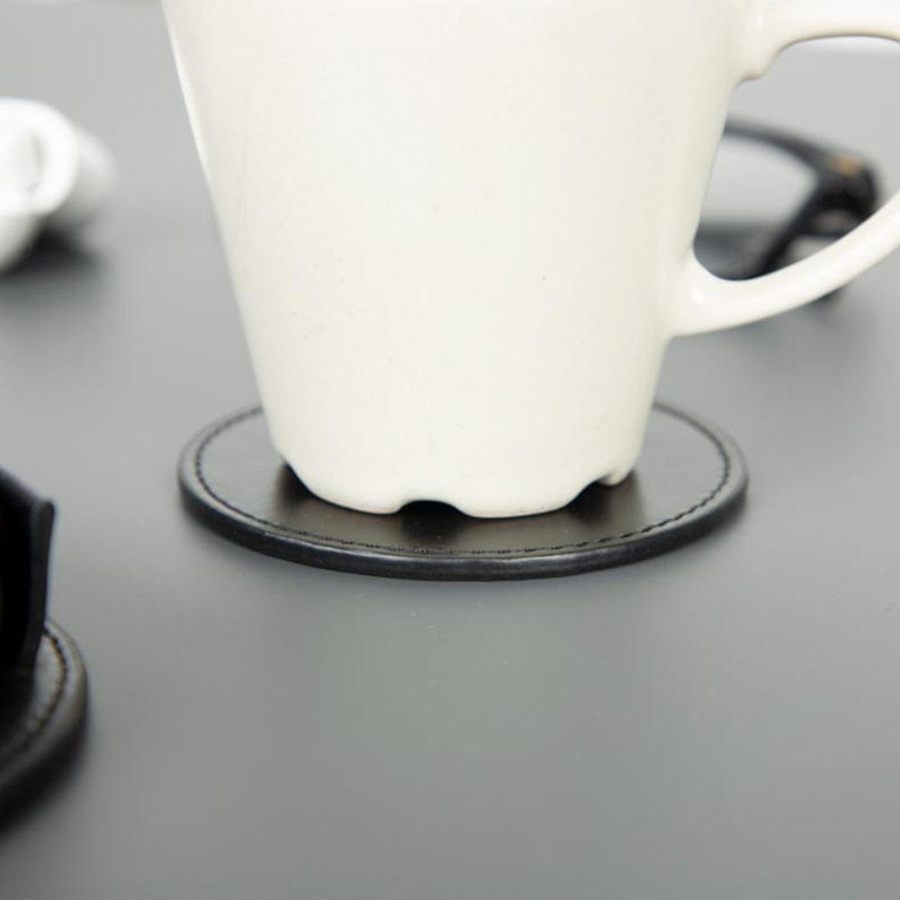 Leather drink coasters, set of 6, black, lifestyle, thickness