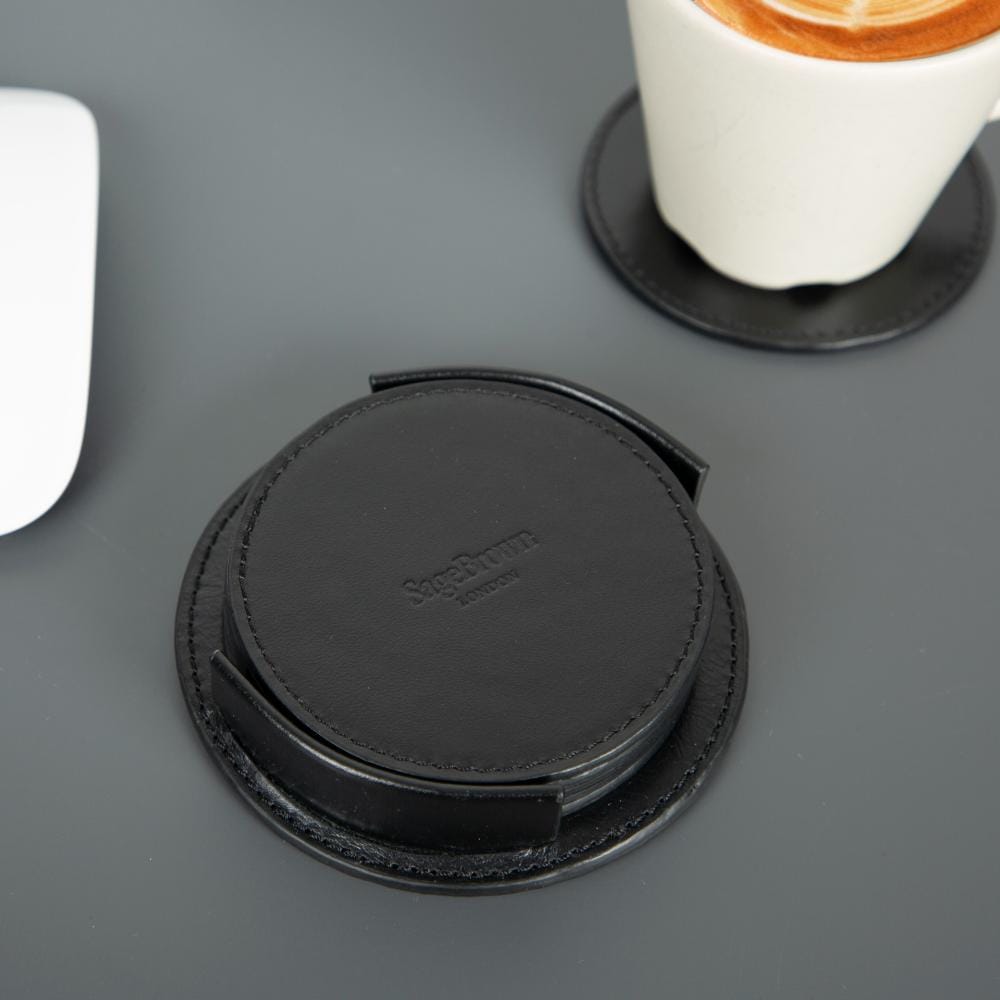 Leather drink coasters, set of 6, black, lifestyle, closeup
