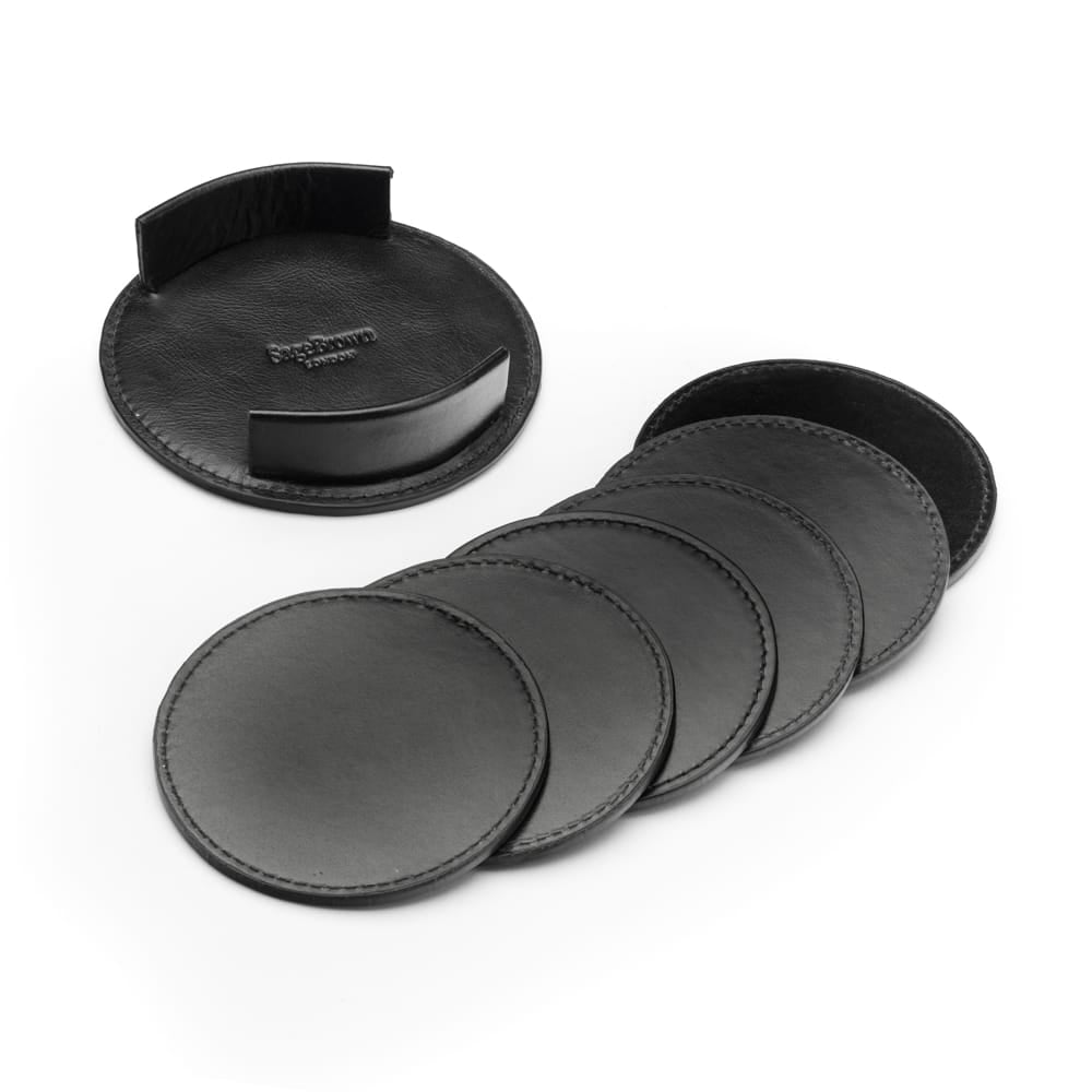 Set of 6 leather coasters, black