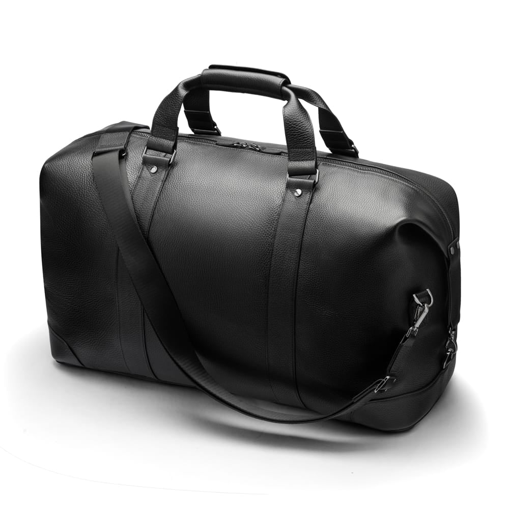 Leather duffel travel bag, black, with shoulder strap