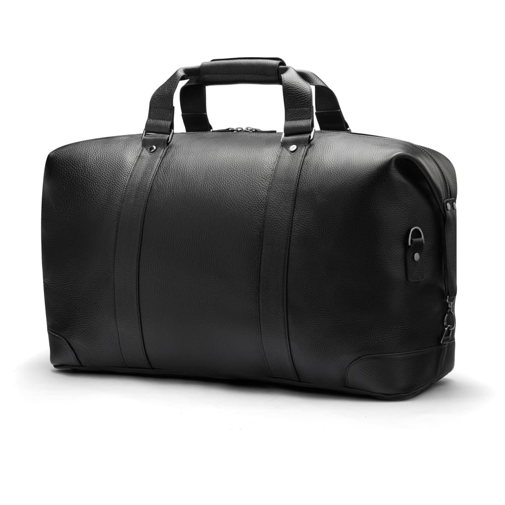 Leather duffel travel bag, black, front view