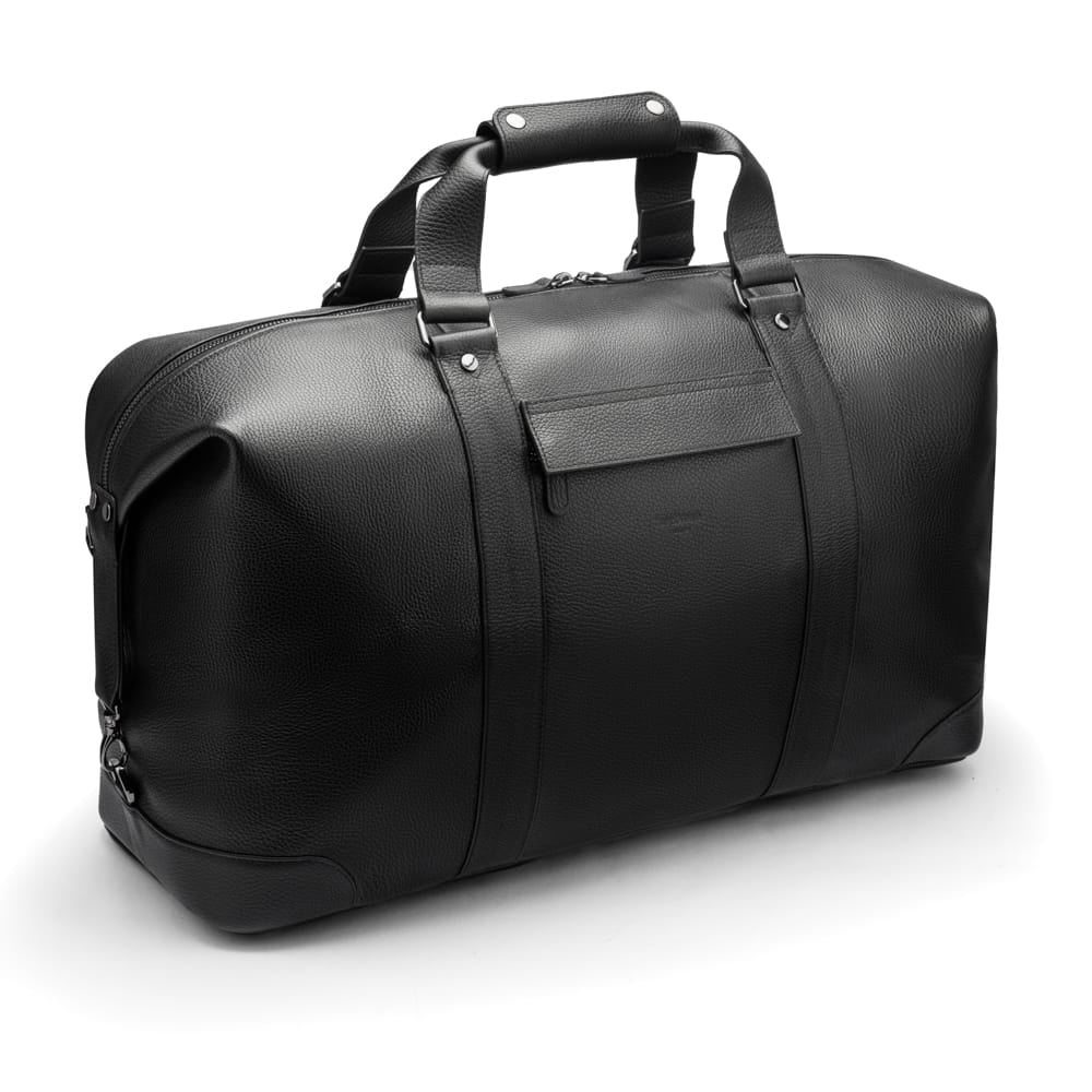 Leather duffel travel bag, black, back