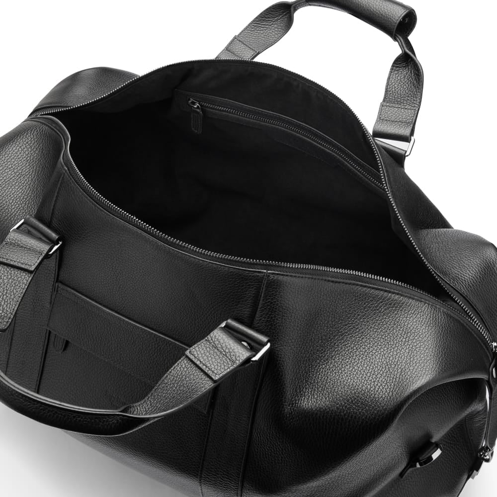 Leather duffel travel bag, black, inside view