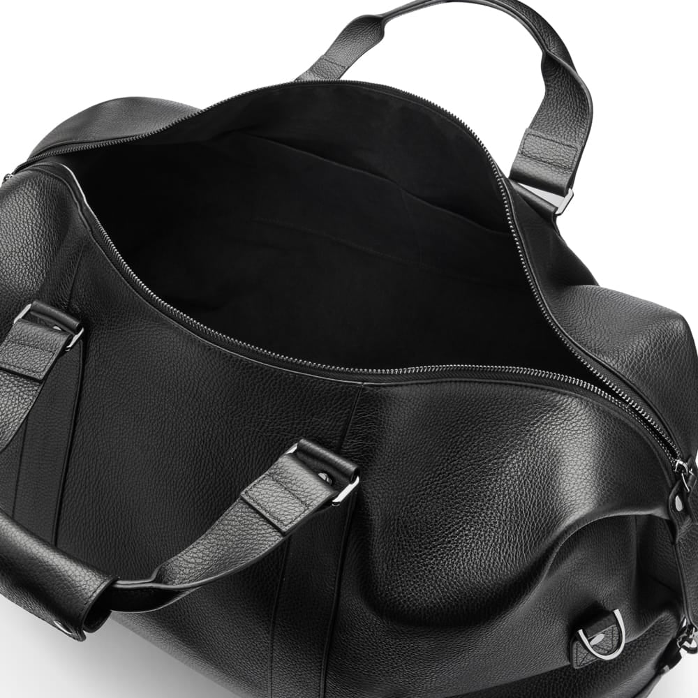 Leather duffel travel bag, black, inside