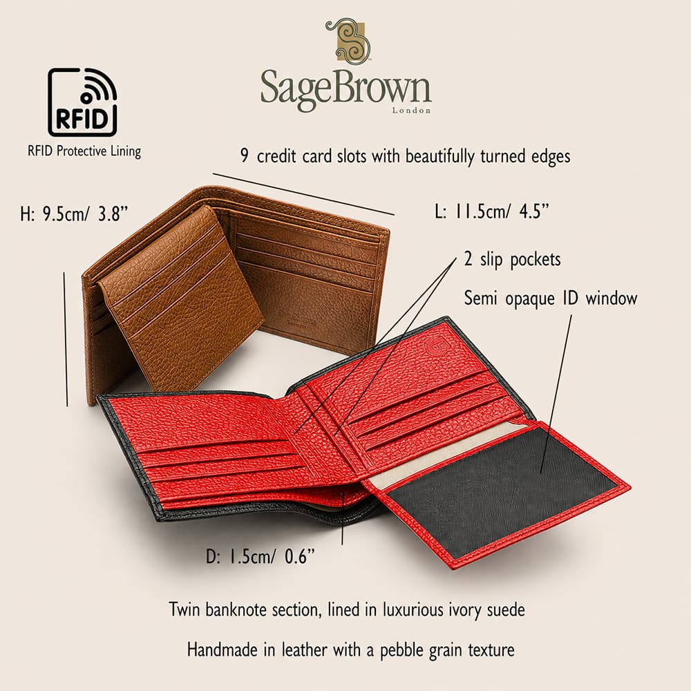 RFID leather wallet with 9 cards, features and dimensions