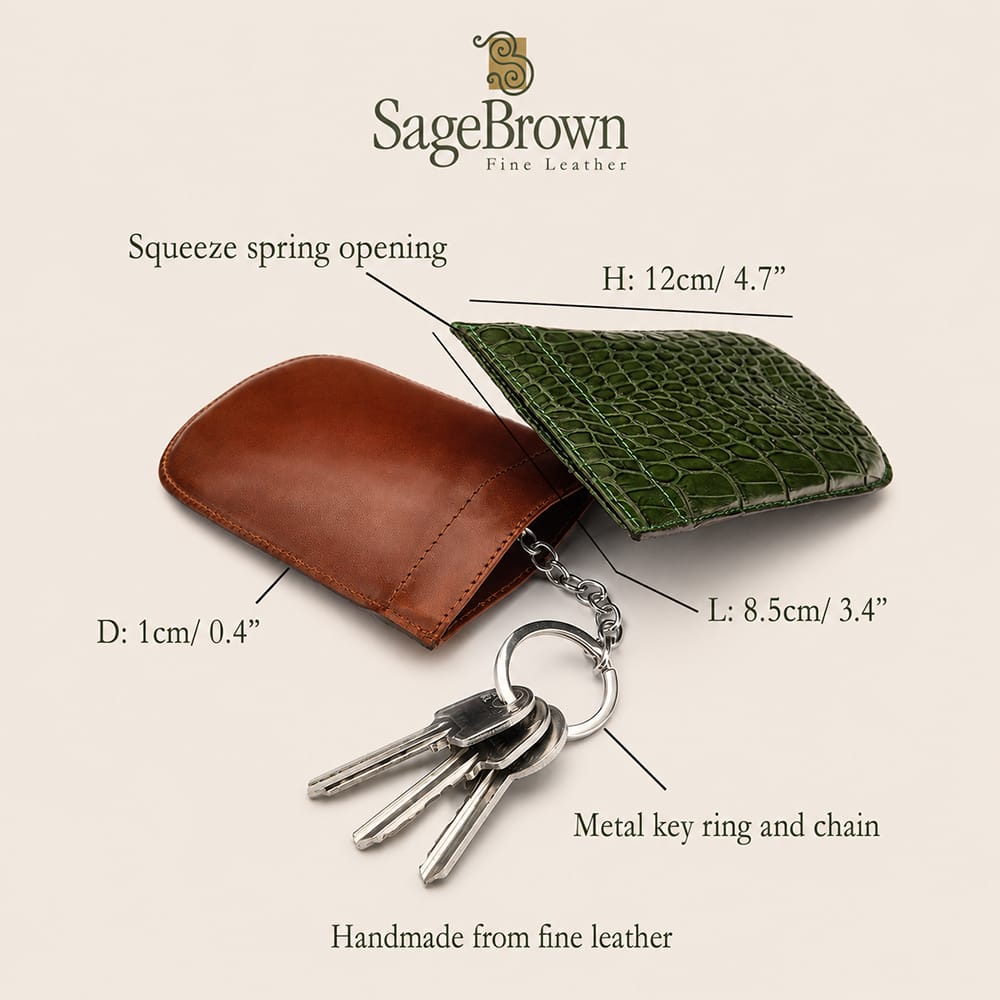 Large key case with squeeze spring opening, features and dimensions