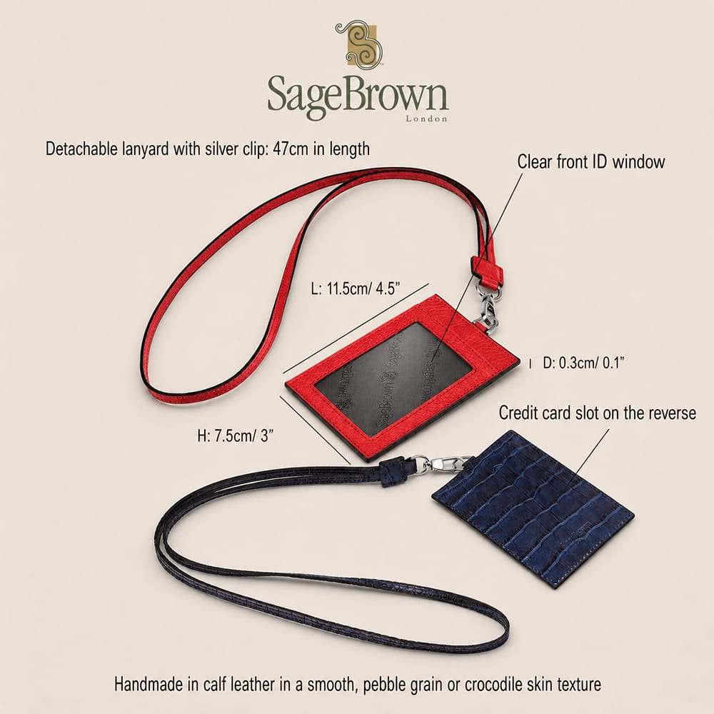 Leather lanyard badge holder, features and dimensions