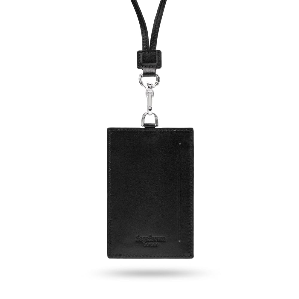 Leather lanyard ID card holder, black, back