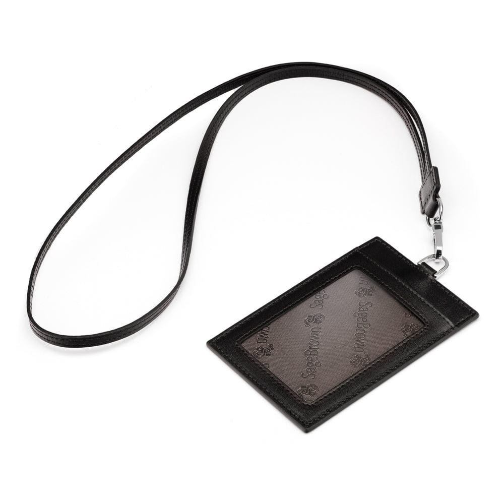 Leather lanyard ID card holder, black, with strap